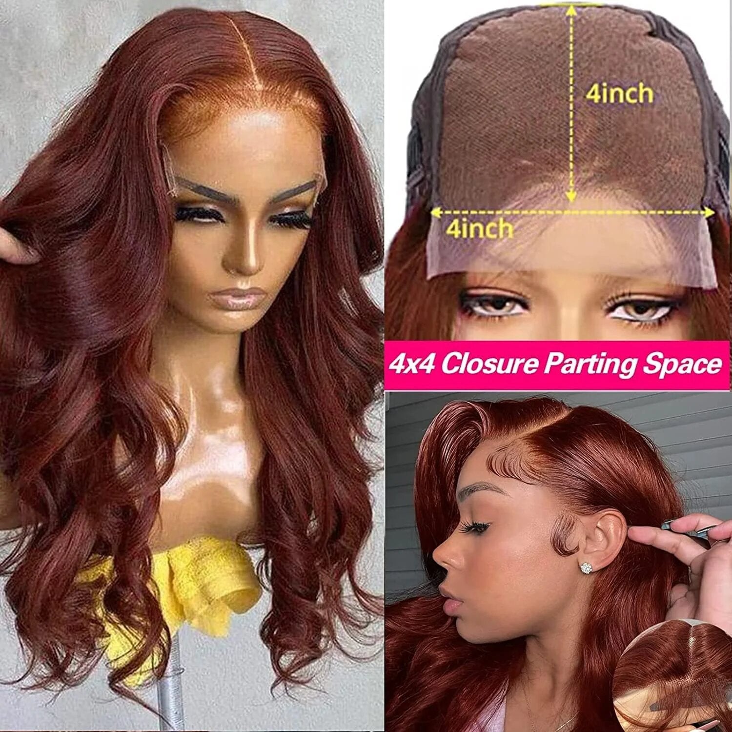 4x4 Lace Closure Human Hair Wig, Reddish Brown Body Wave Wig, 150 Density